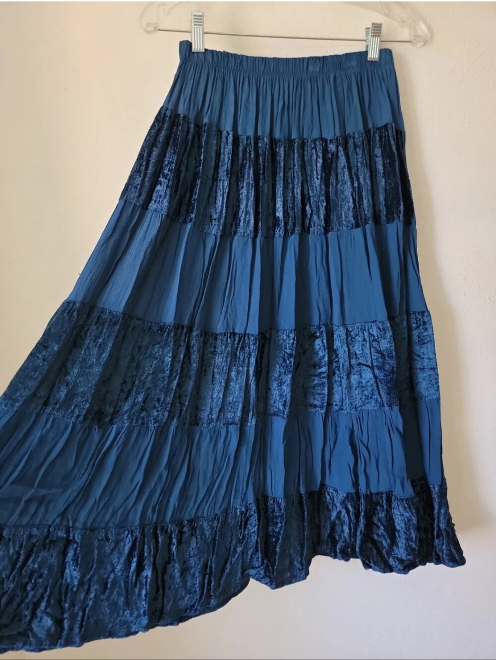 Vintage Blue Tiered Velvet-Stripe Maxi Skirt Boho Fall Western